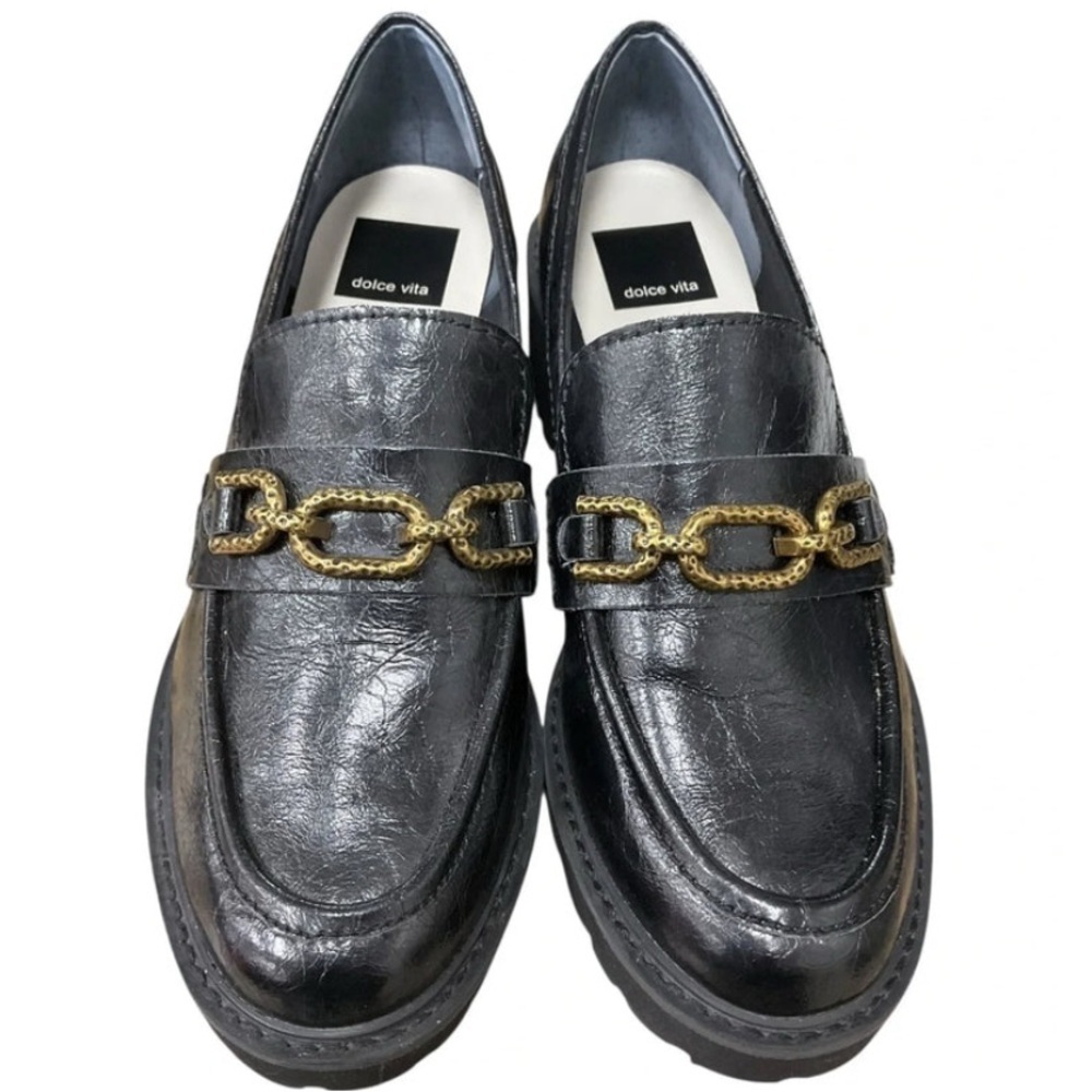 Dolce Vita Black Loafers Gold Chain - Picture 4 of 8